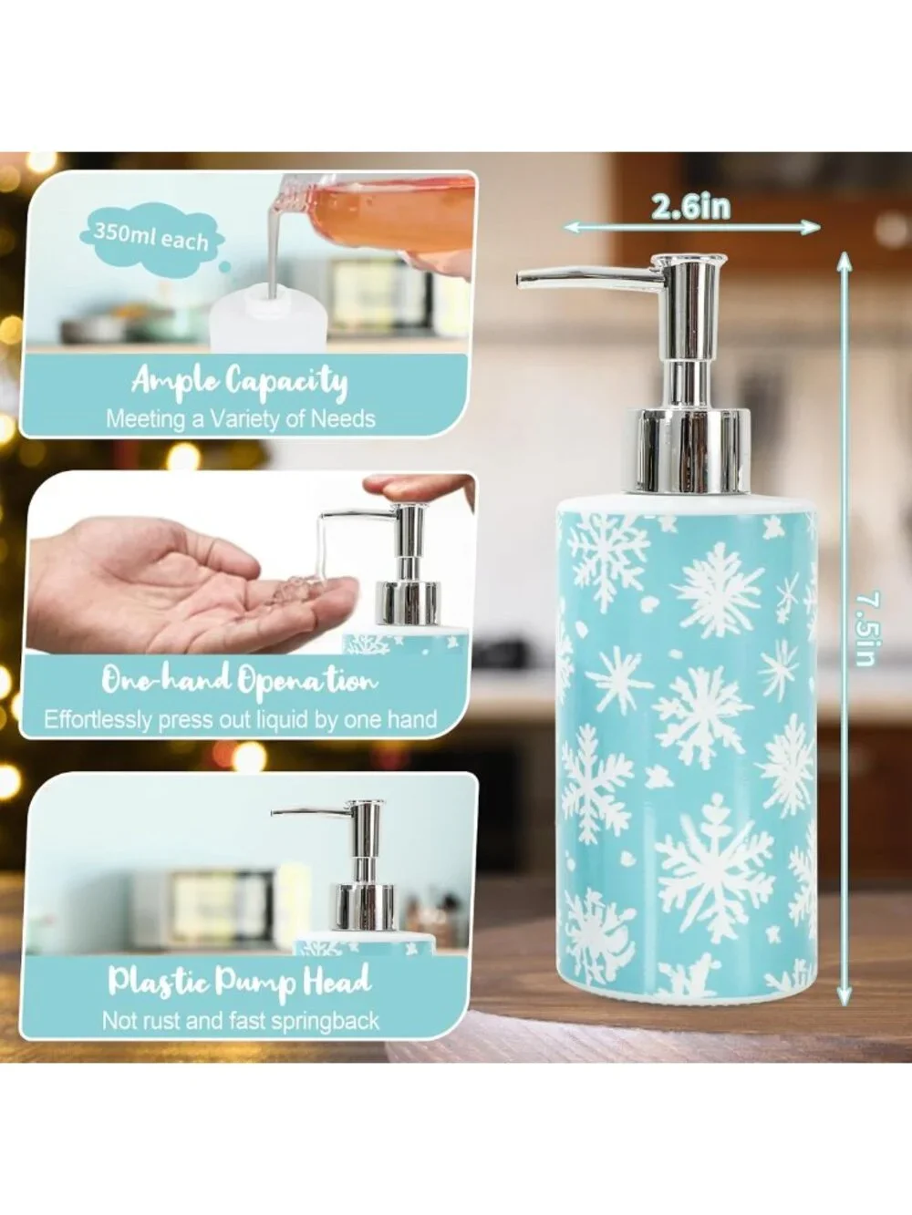 Winter Snowflake Glass Soap Dispenser Set - 16 Oz Refillable Pump for Home